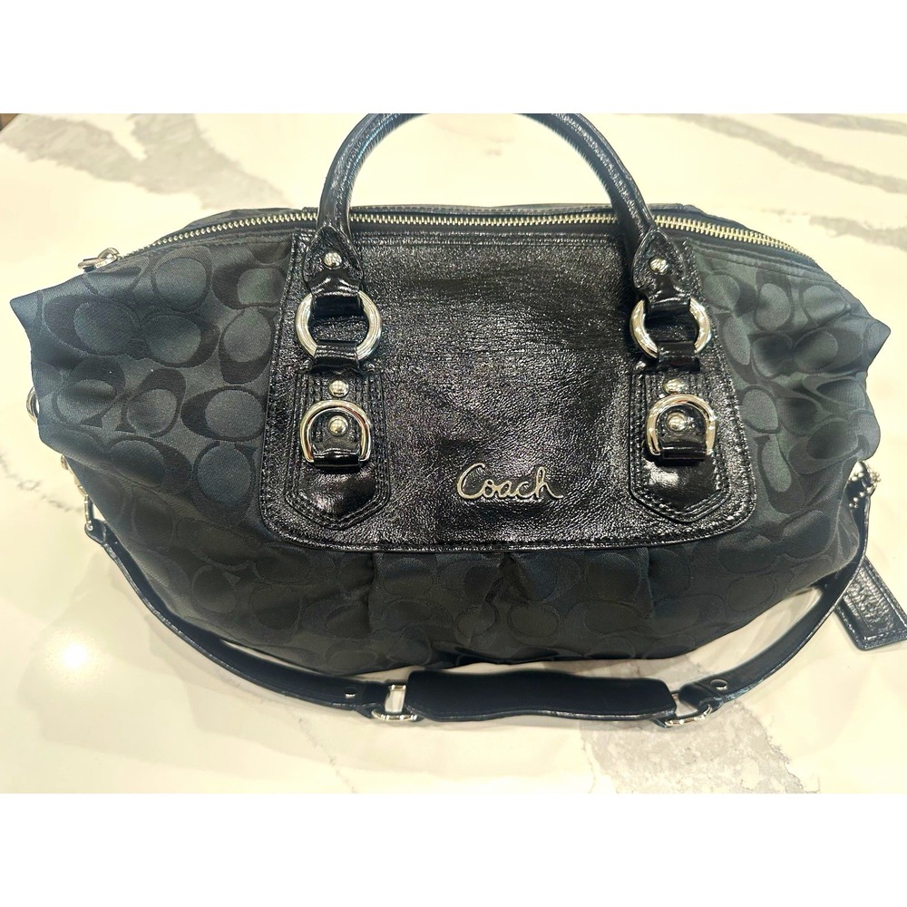 Coach Black Signature Jacquard Satchel Shoulder Crossbody Bag Patent Leather EUC